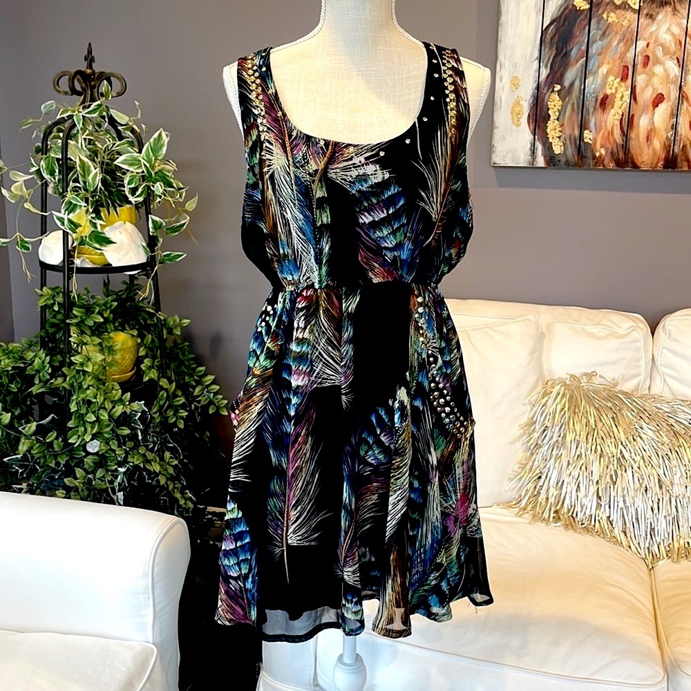 APRICOT Black Dress with Colorful Feather Design